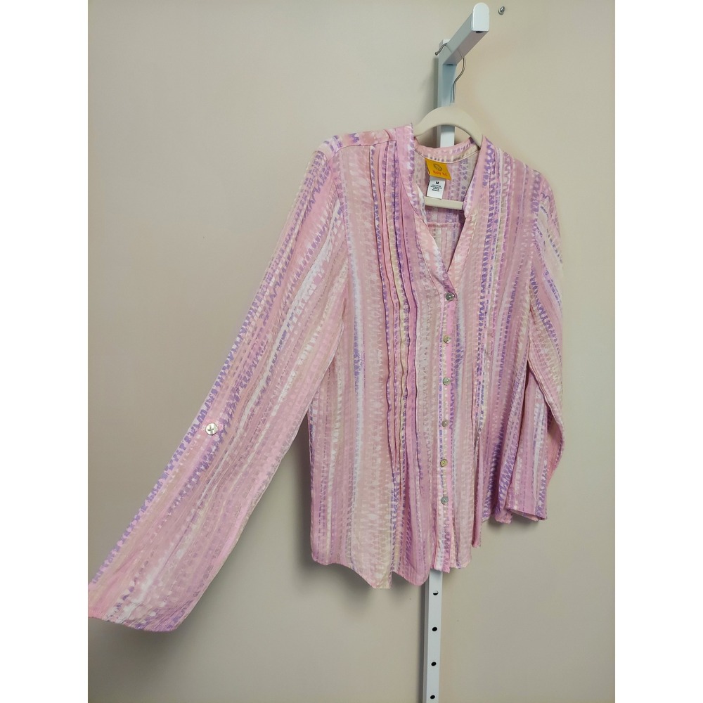 Ruby Rd Pink Purple Striped Pintuck Roll Tab Sleeve Blouse M Office Lightweight